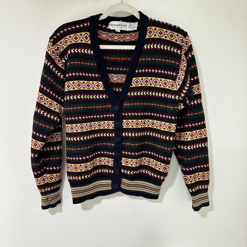 The Eagle's Eye Fair Isle Cardigan Womens Small Navy Multi Cotton | Grandmacore